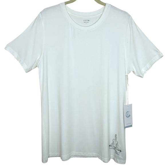 Johnny Was Calme White Yoga Embroidered Crew Neck T-Shirt Large Bamboo Comfort - Picture 1 of 10